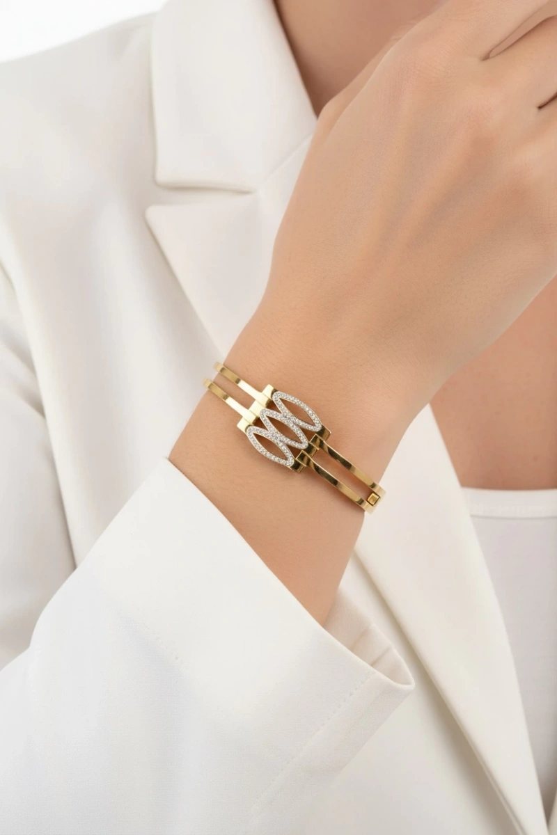 Halka Model Taşlı Gold Altın Kaplama Çelik Bileklik