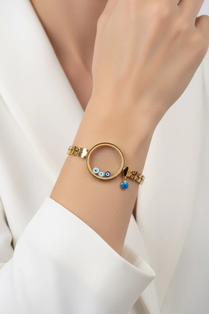 Cam Çerçeve Boş Nazar Boncuk Model Gold Altın Kaplama Kelepçe