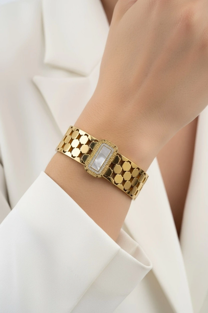 Oval Mermer Taş Model Gold Altın Kaplama Bileklik