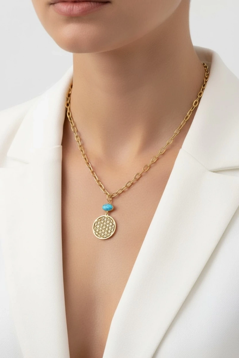 Yaşam Çiçeği Kilit Zincir Gold Altın Kaplama Çelik Kolye