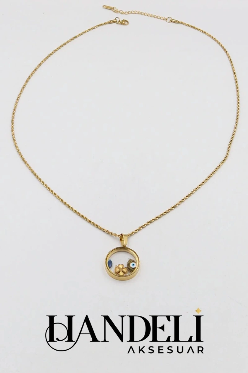 Cam Çerçeve Burgu Zincir Yonca Model Gold Altın Kaplama Çelik Kolye