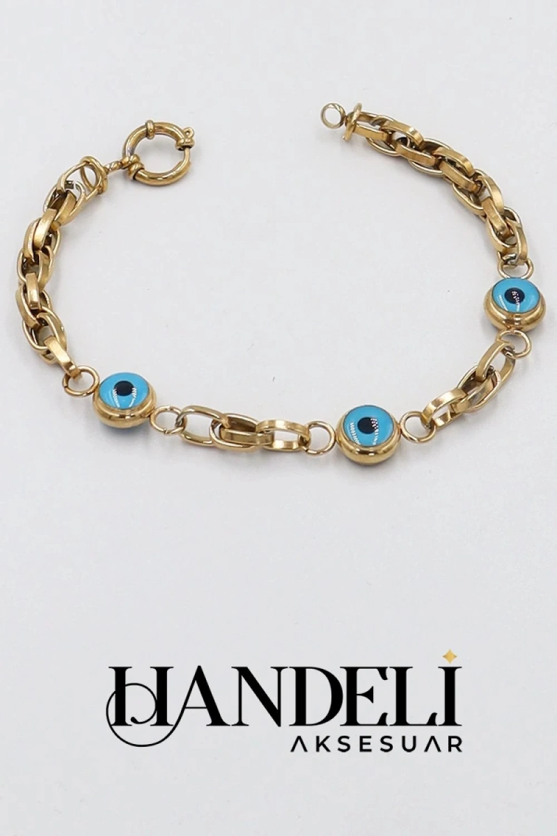 Zeus Zincir Üç Göz Model Gold Altın Kaplama Çelik Bileklik