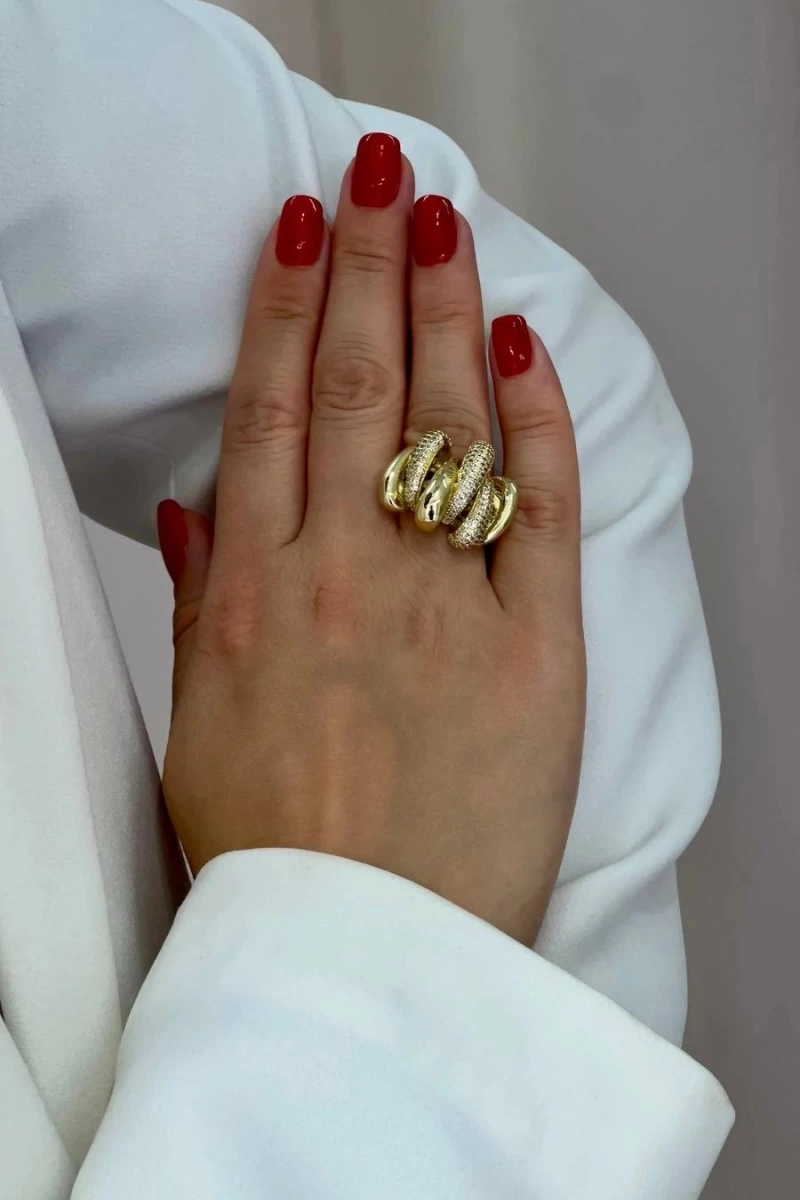 Taşlı Damla Model Gold Altın Kaplama Yüzük