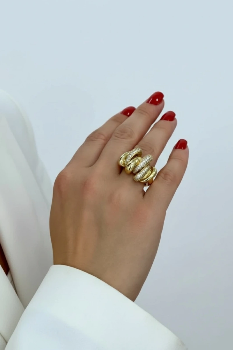 Taşlı Damla Model Gold Altın Kaplama Yüzük