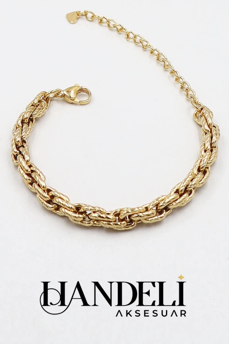 Desenli Mirror Model Gold Altın Kaplama Çelik Bileklik