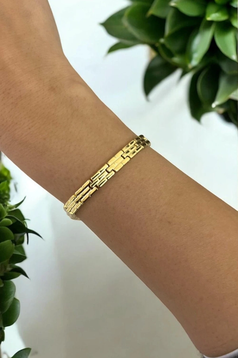 Düz Plaka Model Gold Altın Kaplama Bileklik
