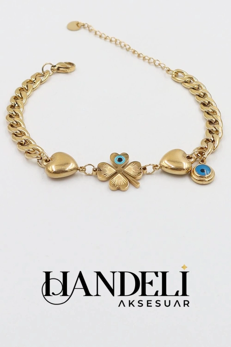 Ezik Bağlı Model Kalp Yonca Detay Gold Altın Kaplama Çelik Bileklik