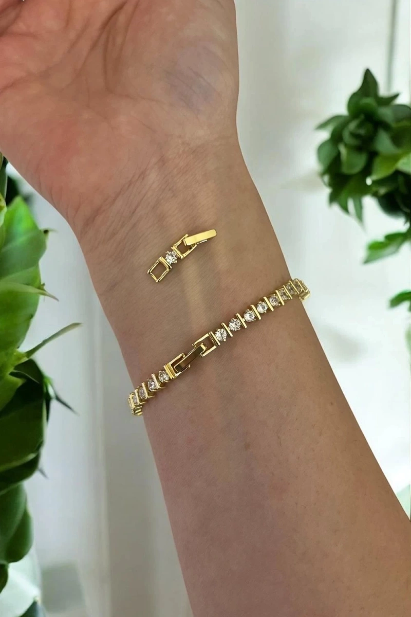 Sıralı Tek Taş Model Gold Altın Kaplama Bileklik