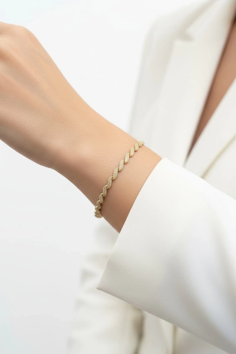 Sıralı Damla Model Taş Detay Gold Altın Kaplama Bileklik