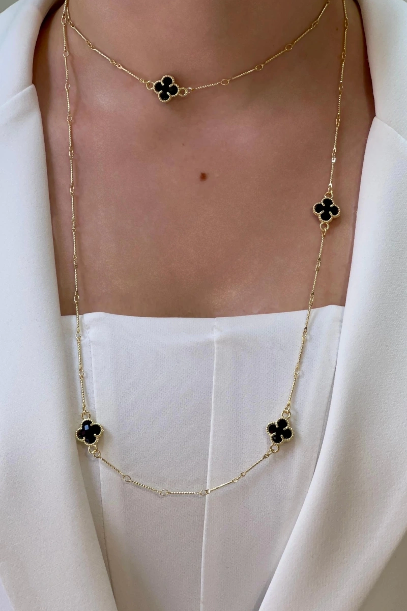 Uzun Siyah Yonca Model Gold Altın Kaplama Kolye