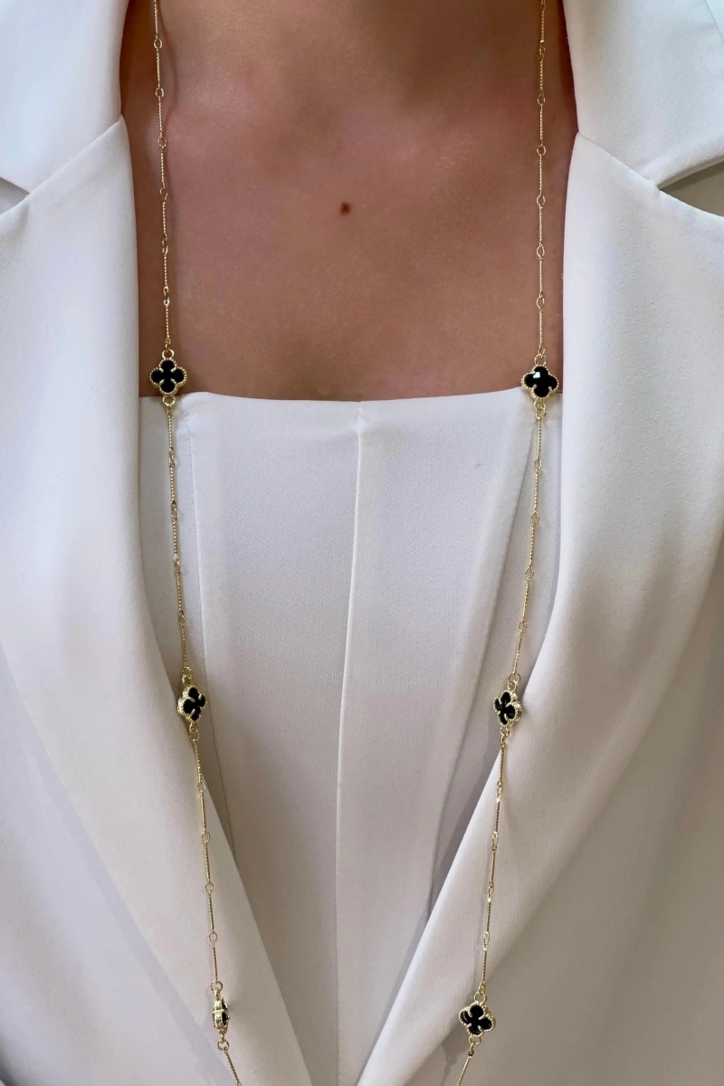 Uzun Siyah Yonca Model Gold Altın Kaplama Kolye