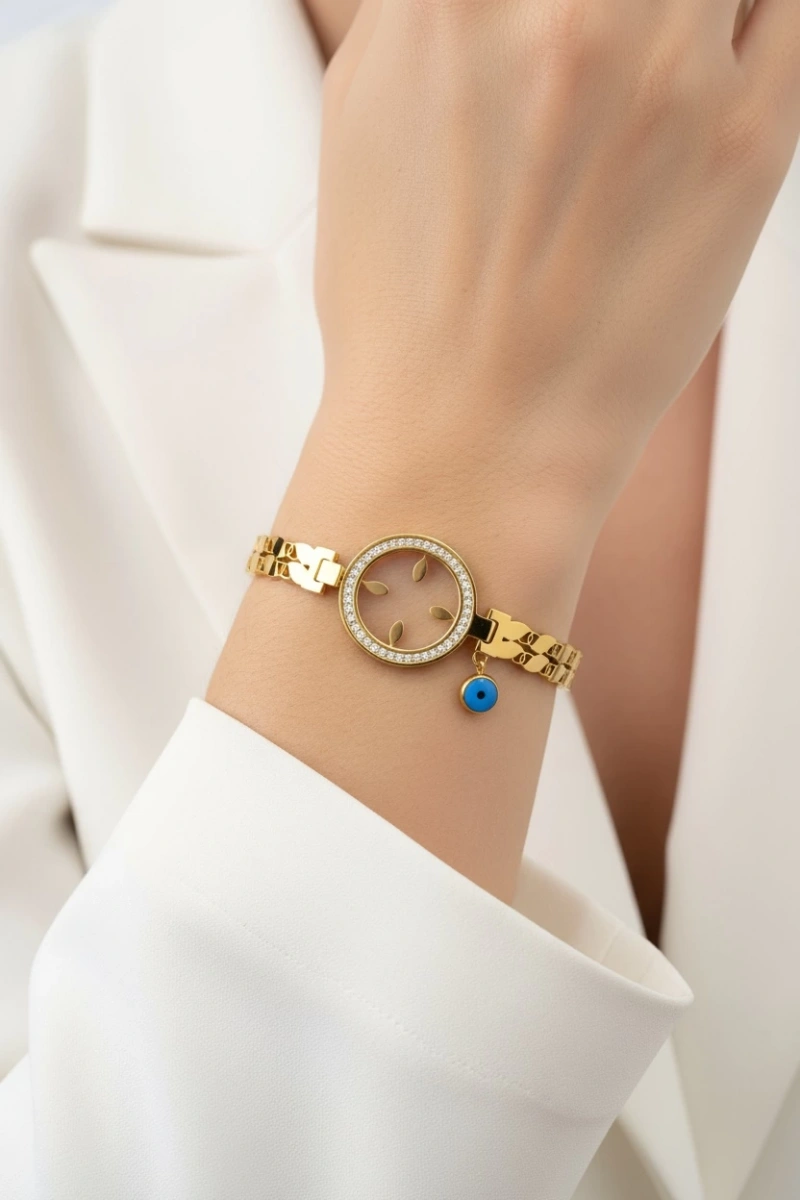 Çeyrek Takmalı Boş Gold Taşlı Kelepçe Altın Kaplama Bileklik