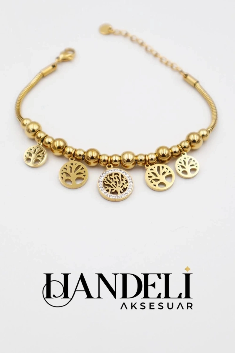 Top Zincir Hayat Ağacı Gold Altın Kaplama Bileklik