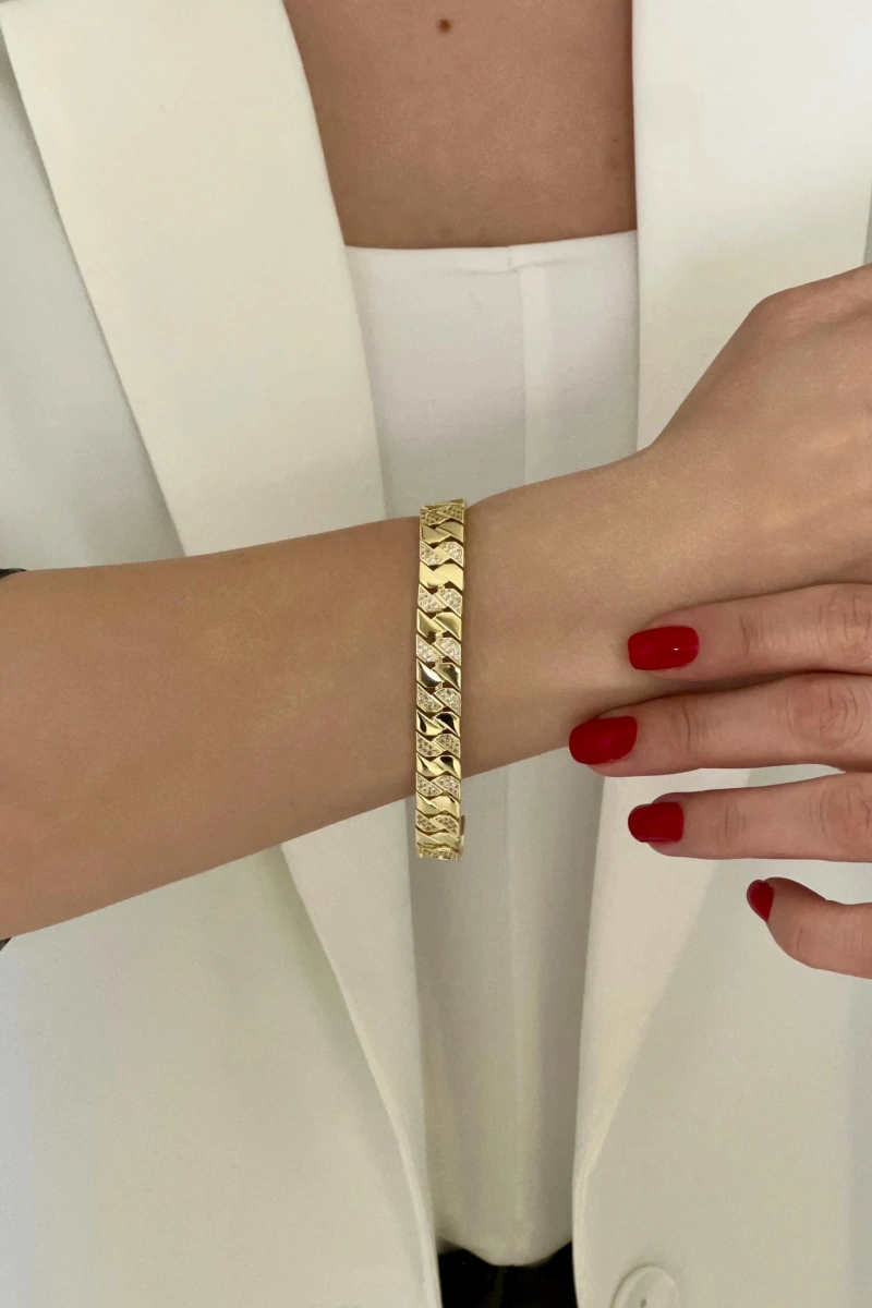 Zikzak Model Taş Detay Gold Altın Kaplama Bilelik