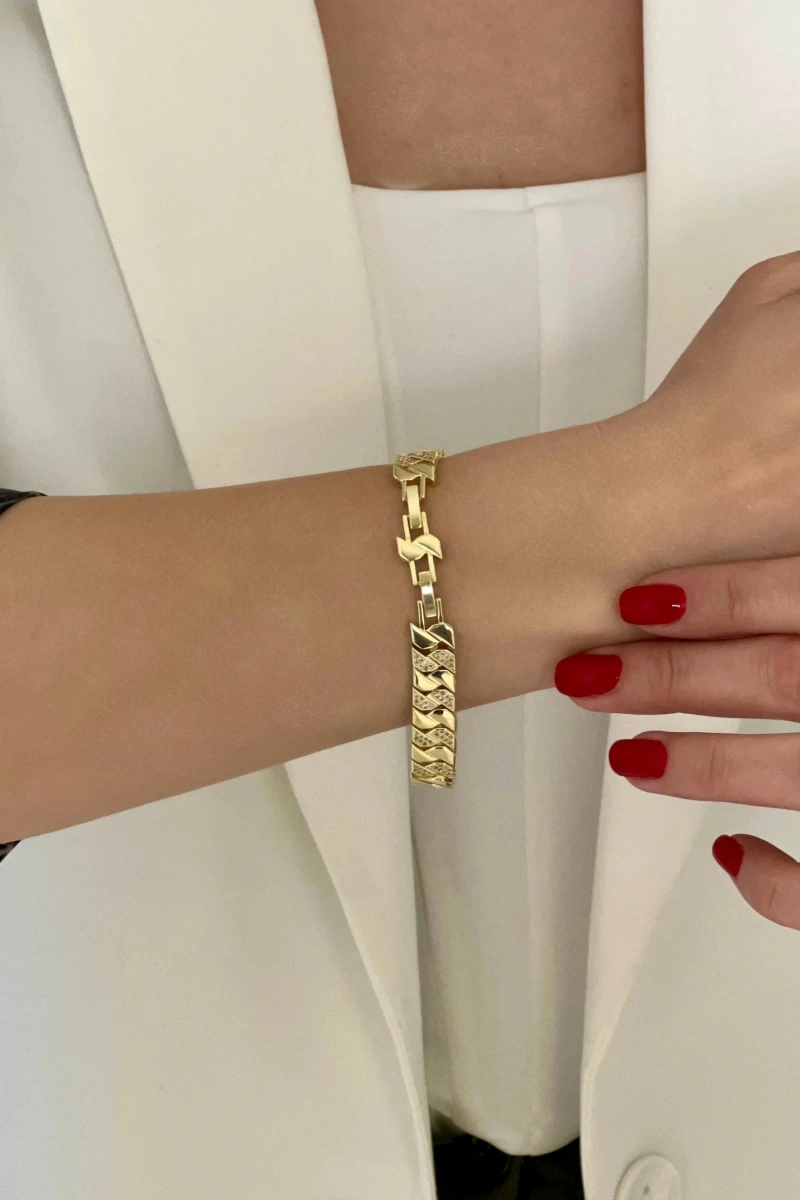 Zikzak Model Taş Detay Gold Altın Kaplama Bilelik