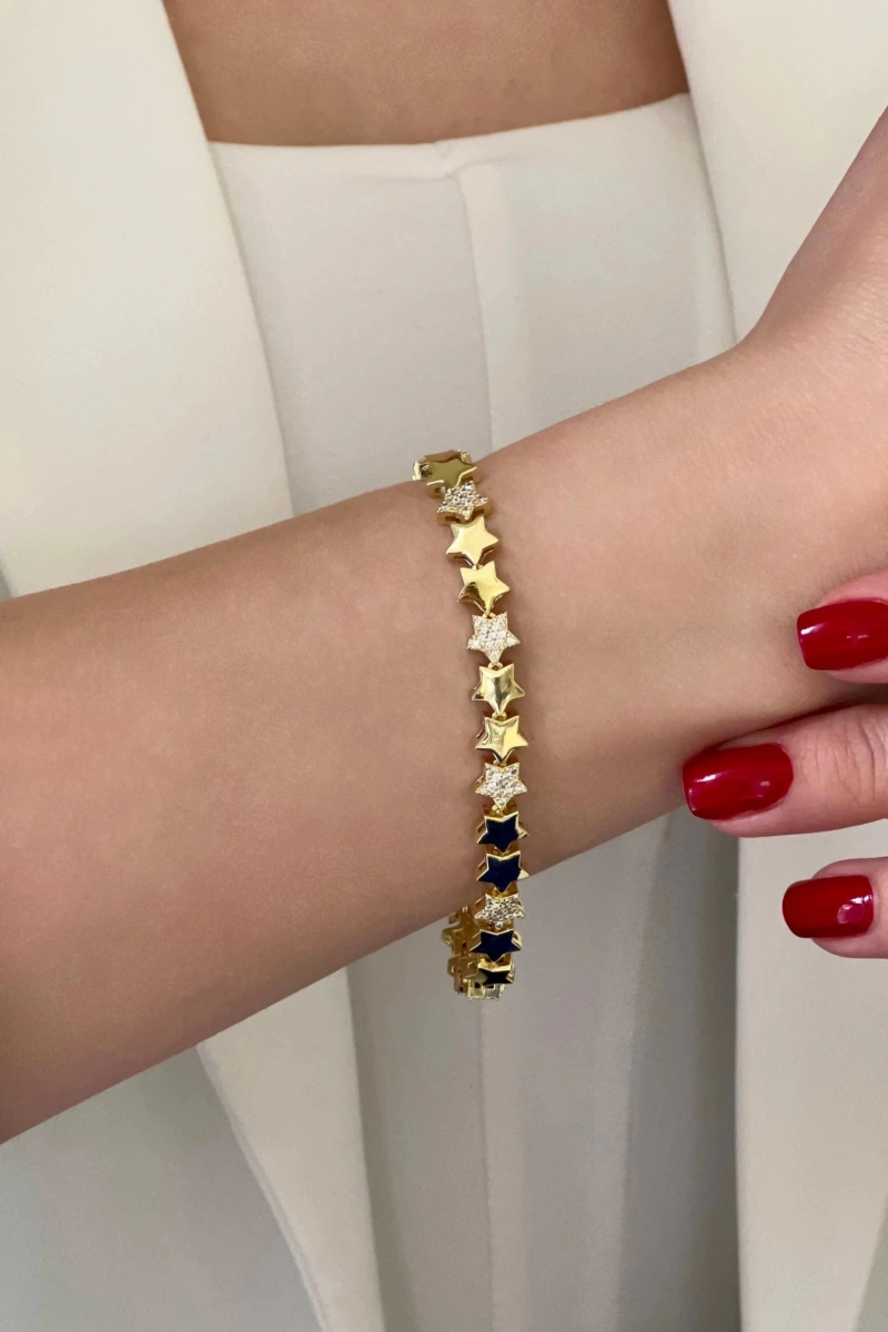 Taş Detay Yıldız Model Gold Altın Kaplama Bileklik