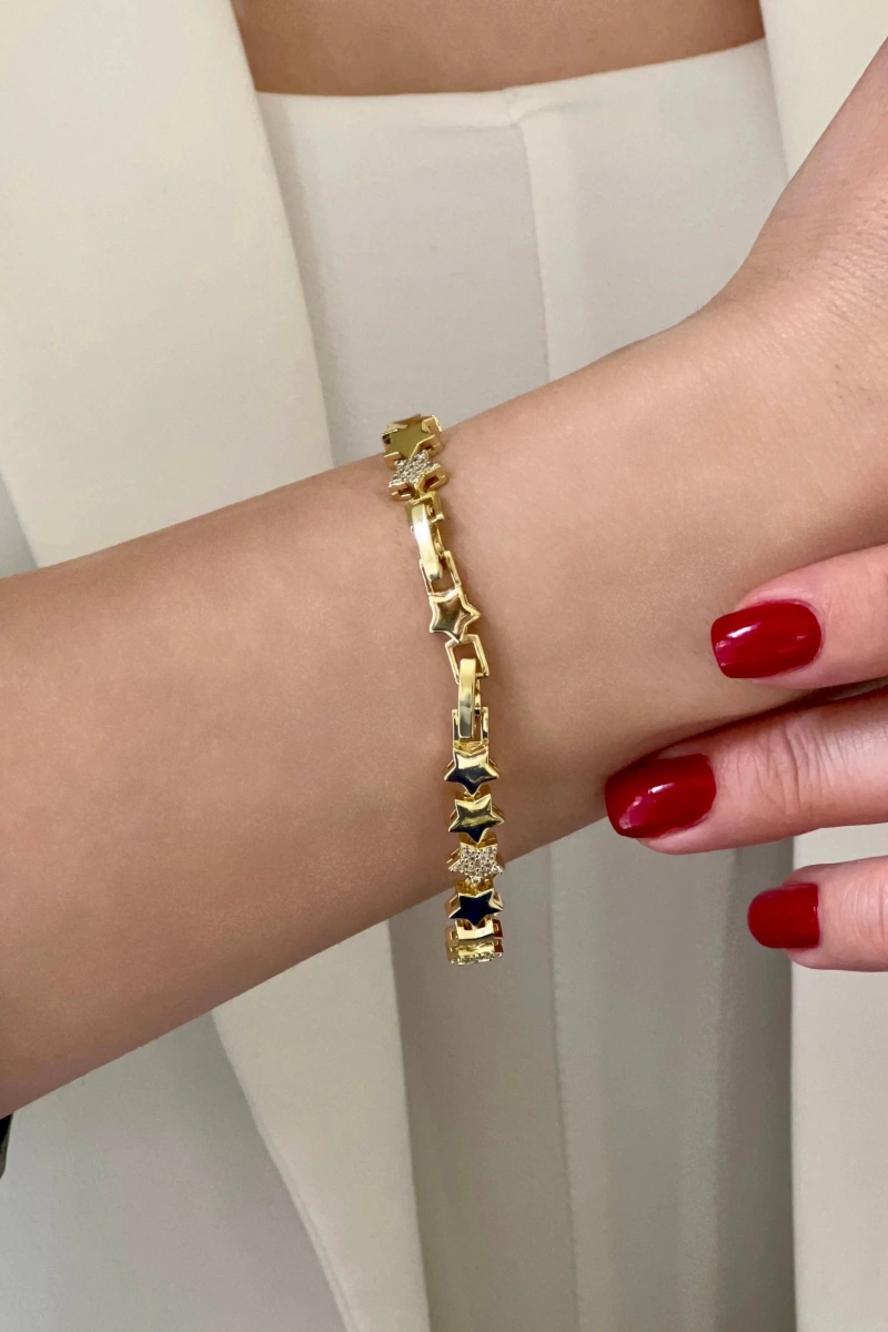 Taş Detay Yıldız Model Gold Altın Kaplama Bileklik