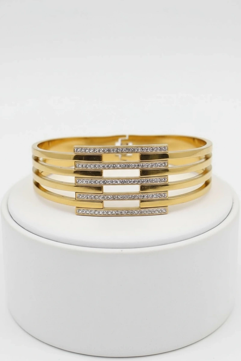 Beş Sıra Kalın Kaburga Taşlı Gold Altın Kaplama Bileklik