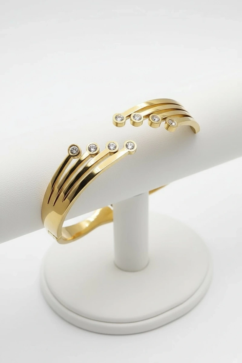 Zikzak Model Kalın Taş Detay Gold Altın Kaplama Bileklik