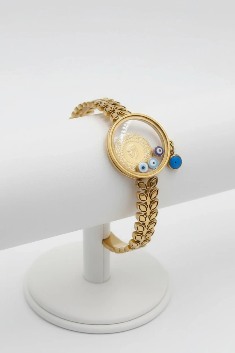Cam Çerçeve Çeyrekli Yaprak Model Gold Altın Kaplama Bileklik