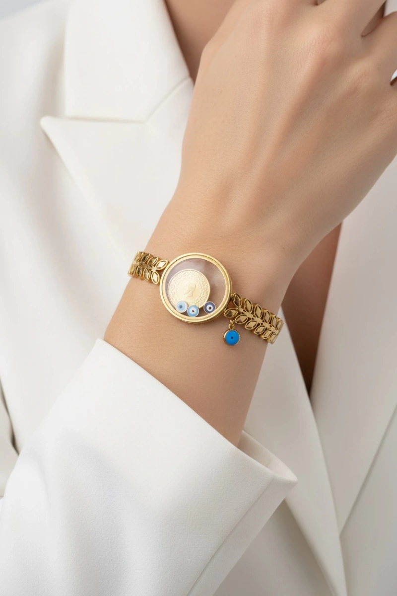 Cam Çerçeve Çeyrekli Yaprak Model Gold Altın Kaplama Bileklik