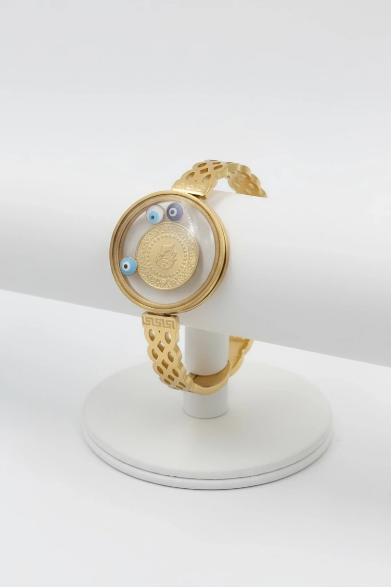 Düz Zincir Cam Çerçeve Açılır Çeyrekli Gold Altın Kaplama Çelik Bileklik