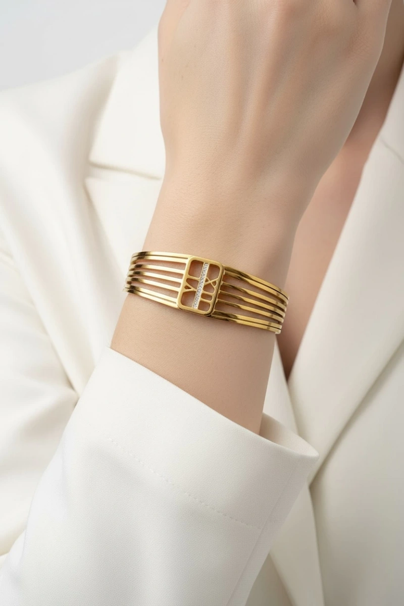 Beş Sıra Kelepçe Gold Altın Kaplama Bileklik