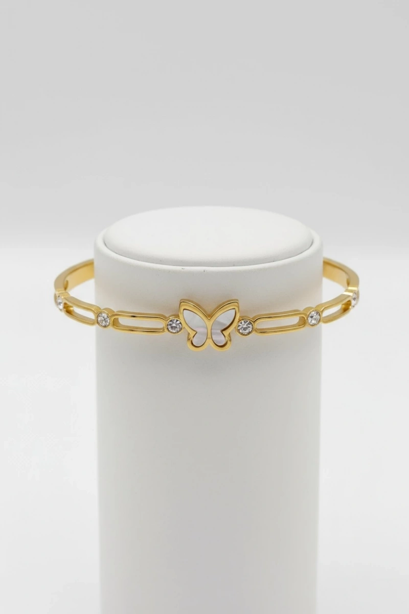 Sıralı Tek Taş Mermer Kelebek Gold Altın Kaplama Bileklik