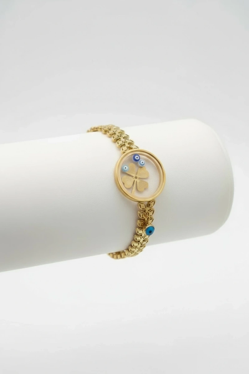 Cam Çerçeve Yonca Yaprak Model Gold Altın Kaplama Bileklik