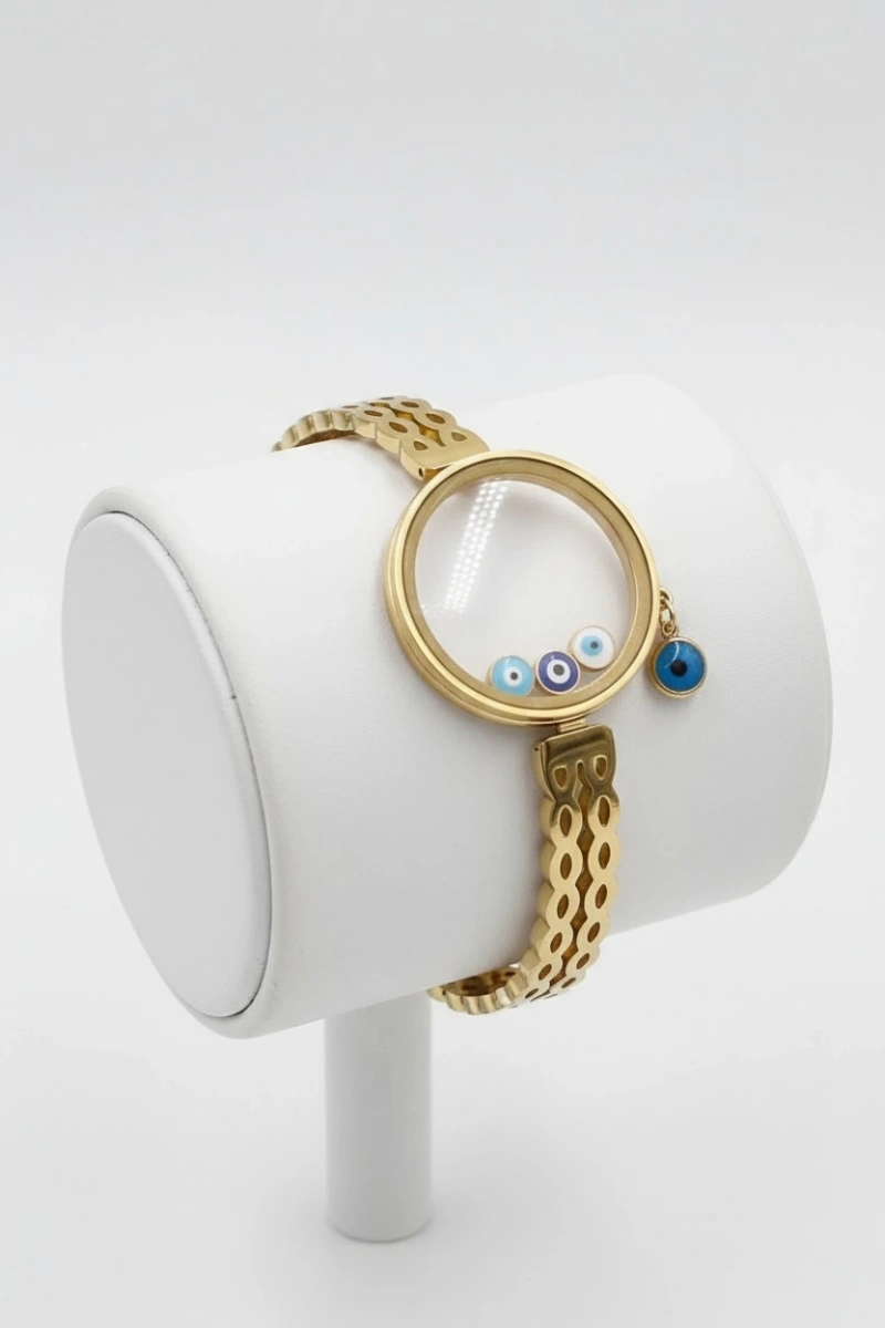 Cam Çerçeve Boş Nazar Boncuk Detay Dalga Model Gold Altın Kaplama Kelepçe