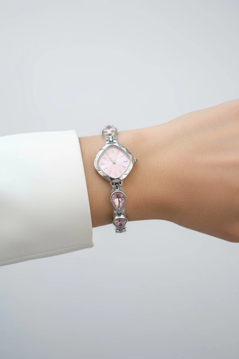 Damla Beyaz Kordon Dörtgen Pembe Kadran Model Kadın Kol Saati