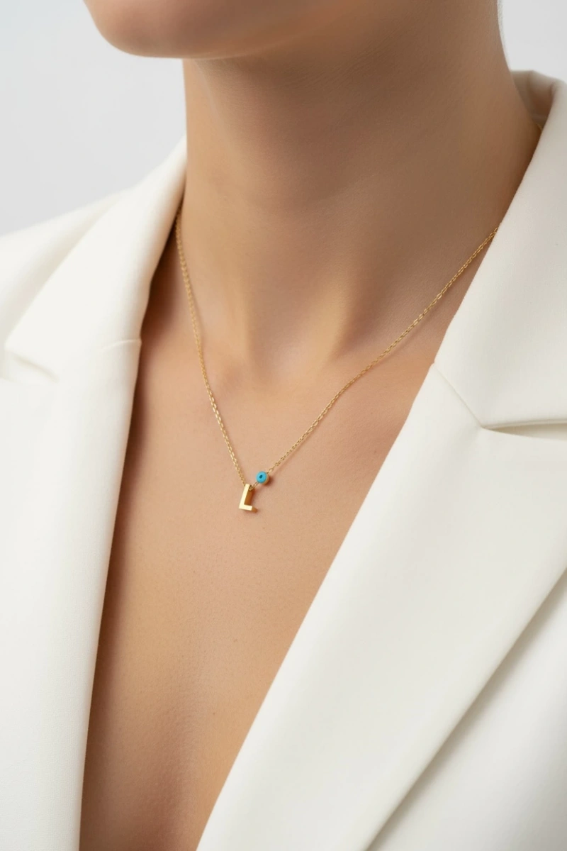 L Harf Model Nazar Boncuk Detay Gold Altın Kaplama Kolye