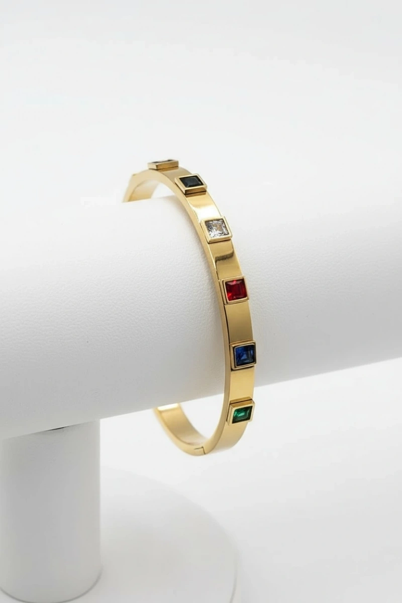 Renkli Taş Model Düz Gold Altın Kaplama Bileklikl