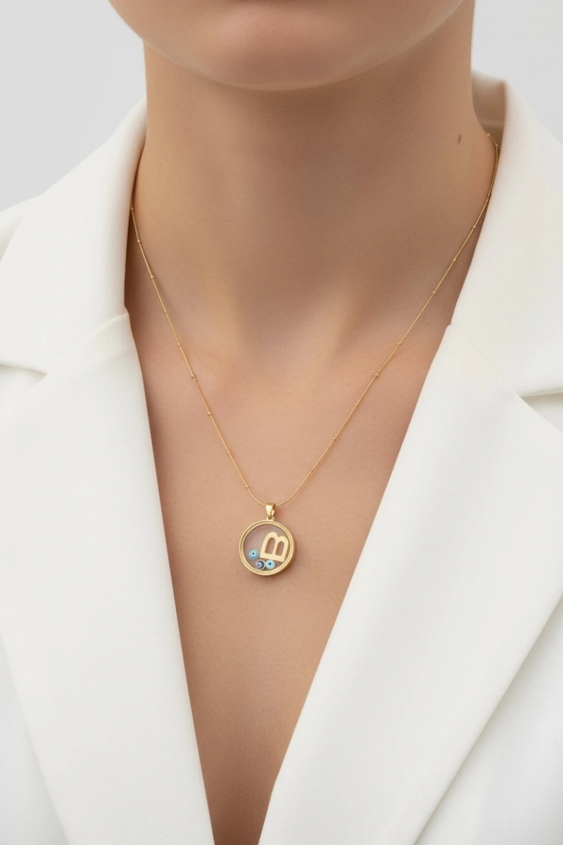B Harf Cam Çerçeve Model Gold Altın Kaplama Çelik Kolye