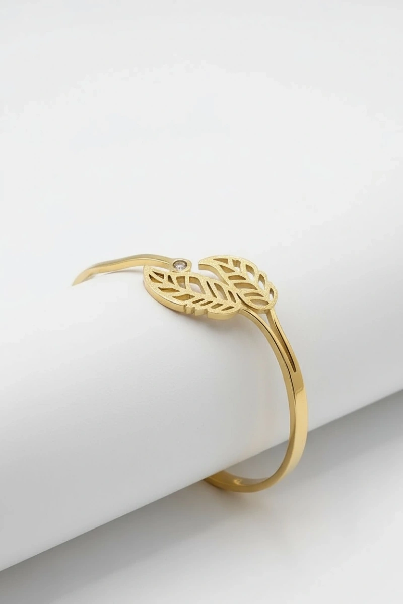 Çift Yaprak Model Simli Gold Altın Kaplama Bileklik