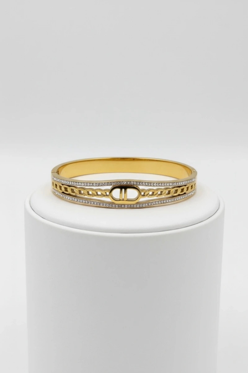 Çift D Sarmal Model Taş Detay Gold Altın Kaplama Bileklik