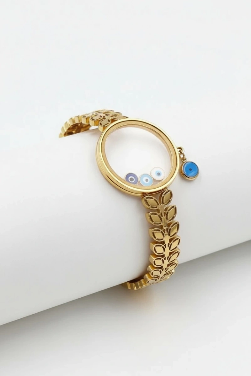 Cam Çerçeve Boş Nazar Boncuk Detay Yaprak Model Gold Altın Kaplama Bileklik