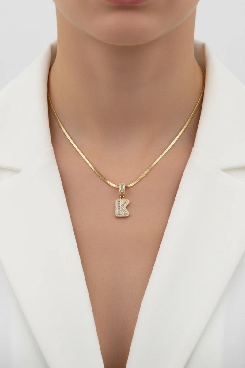 K Harf Taşlı İtalyan Gold Altın Kaplama Çelik Kolye