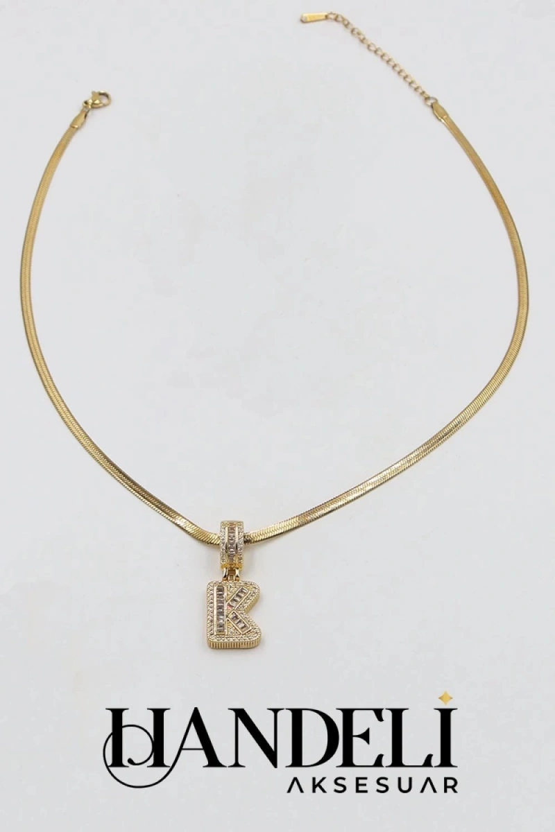 K Harf Taşlı İtalyan Gold Altın Kaplama Çelik Kolye