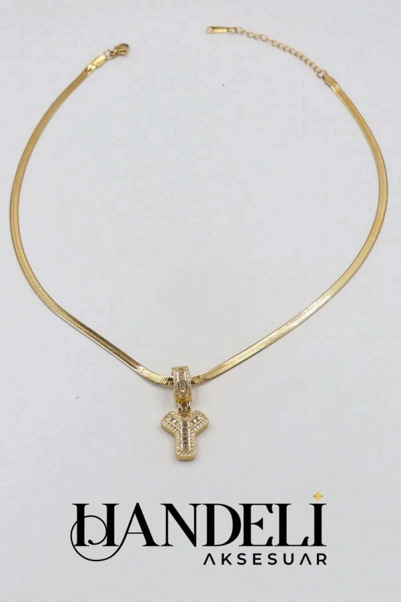 Y Harf Taşlı İtalyan Gold Altın Kaplama Çelik Kolye