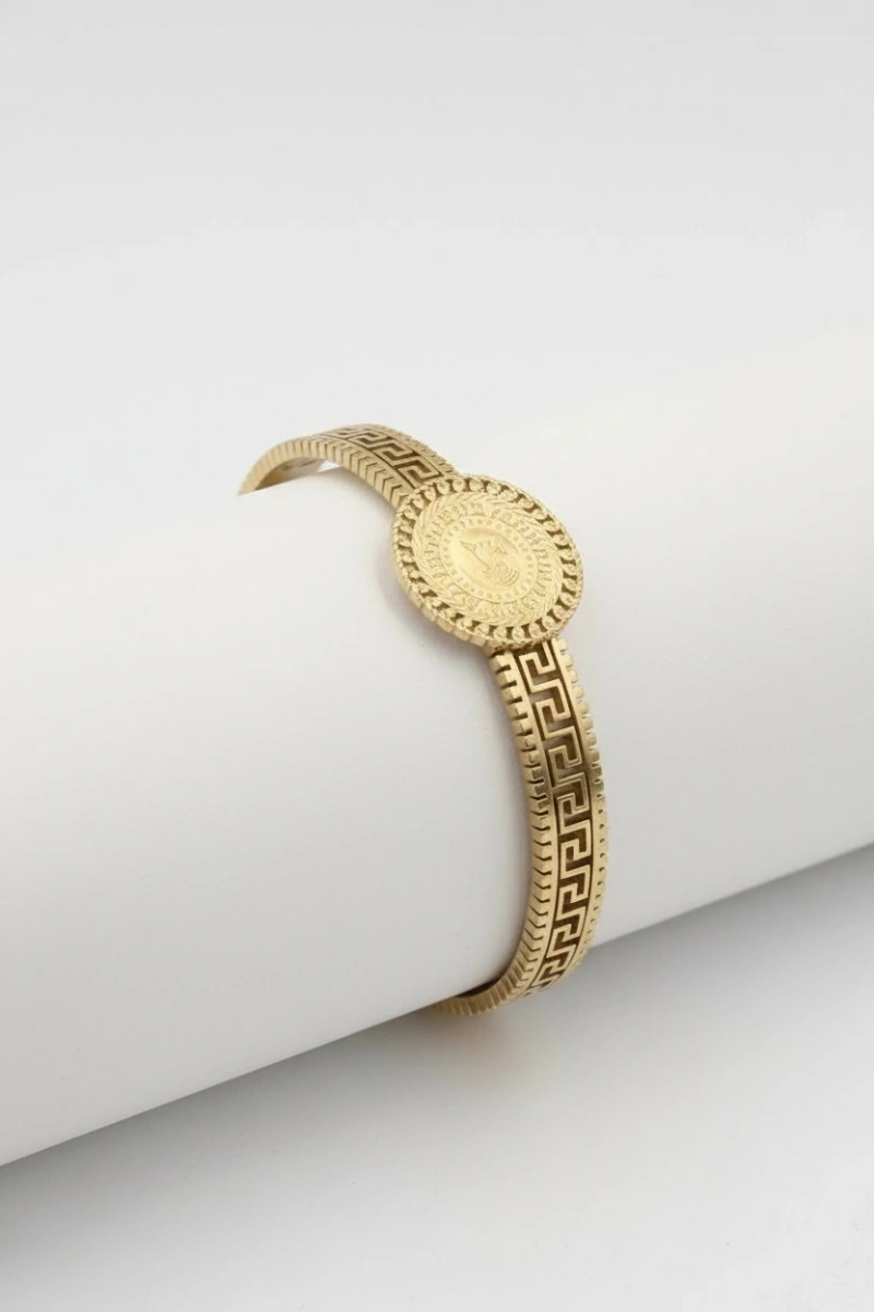 Labirent Model Çeyrekli Gold Altın Kaplama Çelik Bileklik