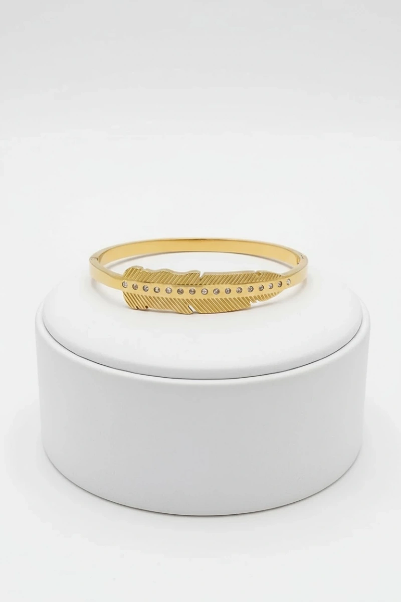 Sıralı Taş Detay Yaprak Model Gold Altın Kaplama Bileklik