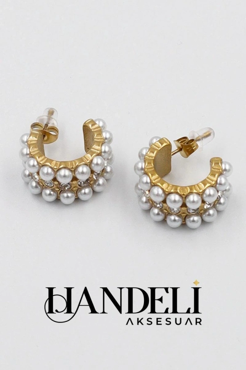 İki Sıra İnci Model Gold Altın Kaplama Çelik Küpe