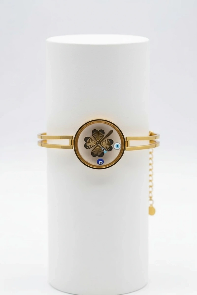 Düz Kordon Cam Çerçeve Gold Altın Kaplama Çelik Bileklik