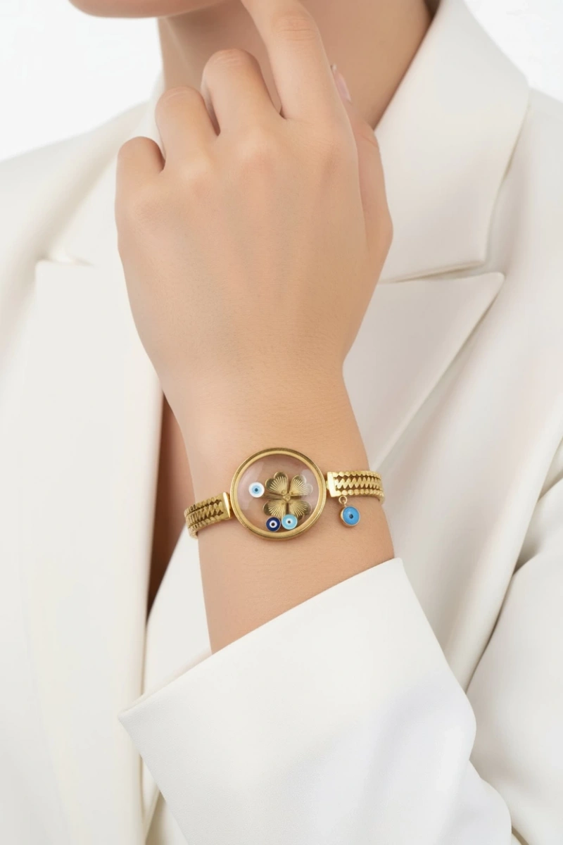 Top Zincir Cam Çerçeve Açılır Yonca Gold Altın Kaplama Çelik Bileklik