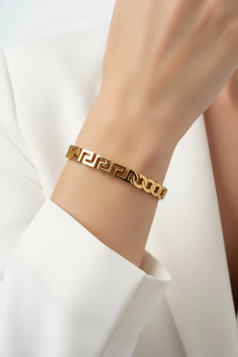 Çift Desenli Labirent Model Gold Altın Kaplama Bileklik