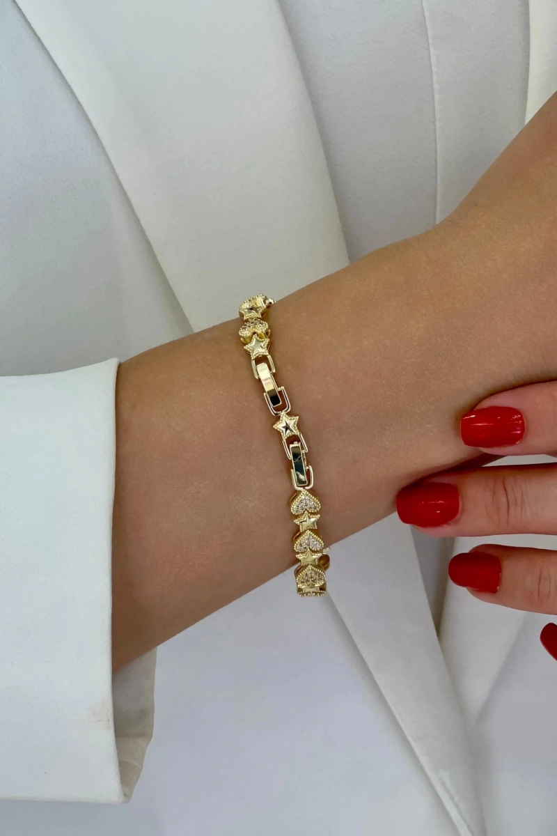 Taşlı Kalp Model Yıldız Detay Gold Altın Kaplama Bileklik