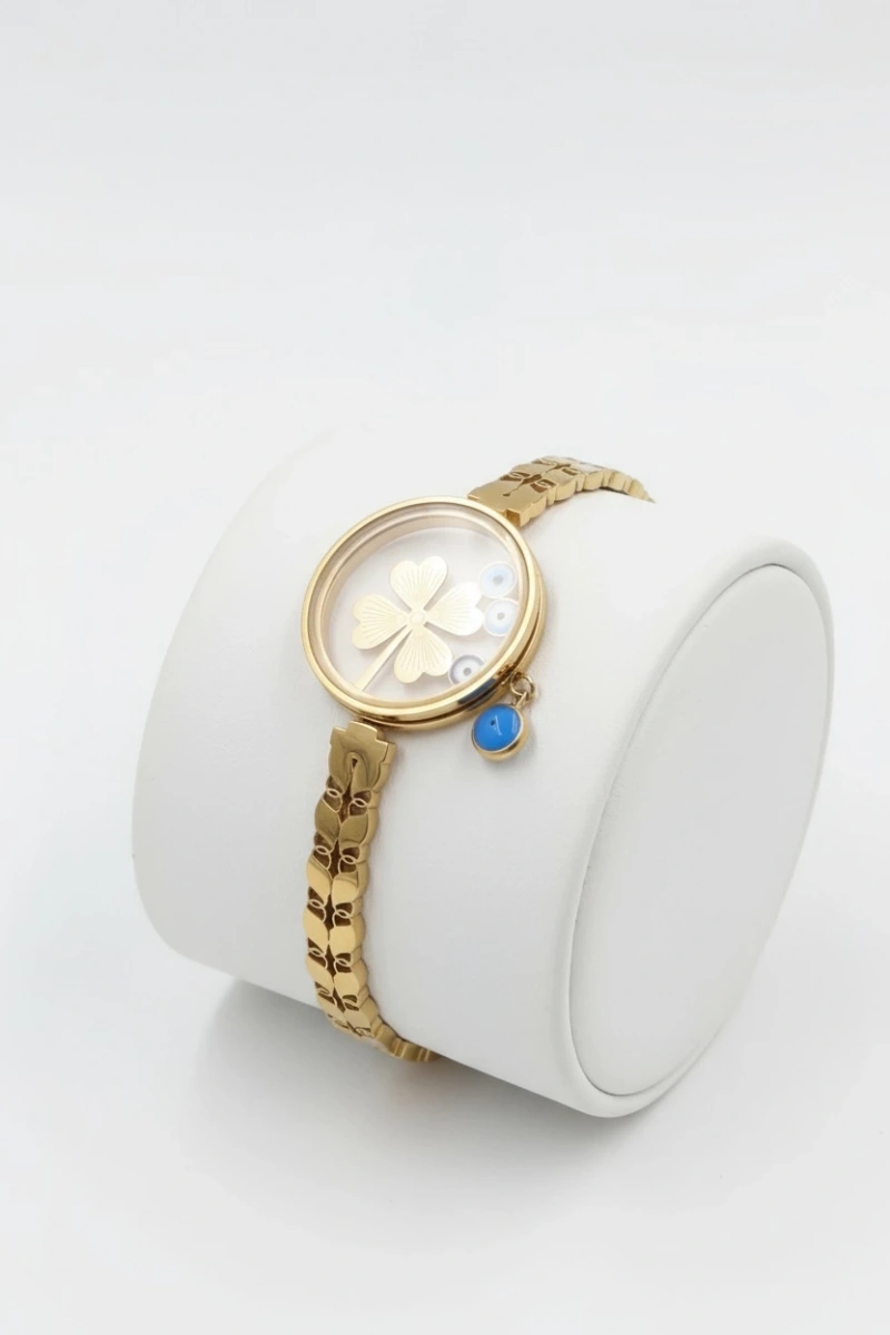 Arpa Zincir Cam Çerçeve Açılır Yonca Gold Altın Kaplama Çelik Bileklik