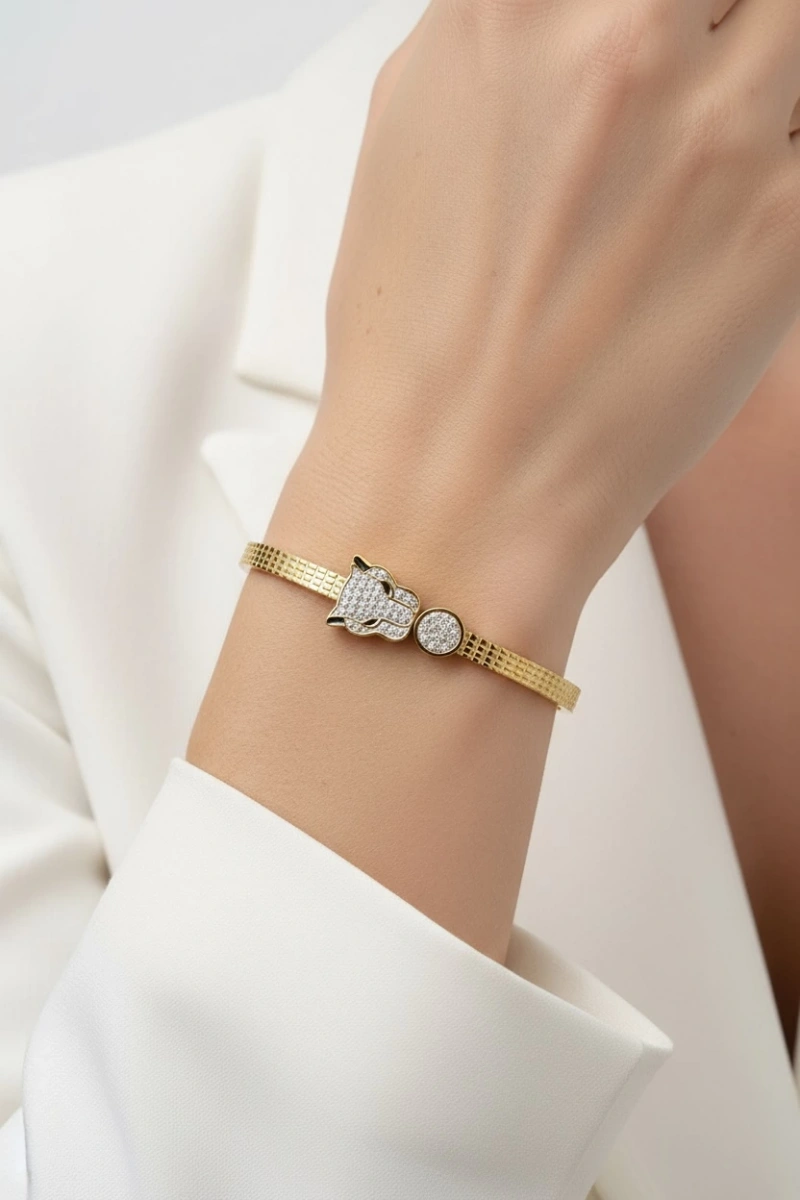 Taşlı Jaguar Model Gold Altın Kaplama Bileklik