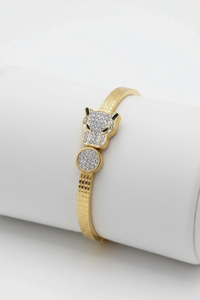 Taşlı Jaguar Model Gold Altın Kaplama Bileklik